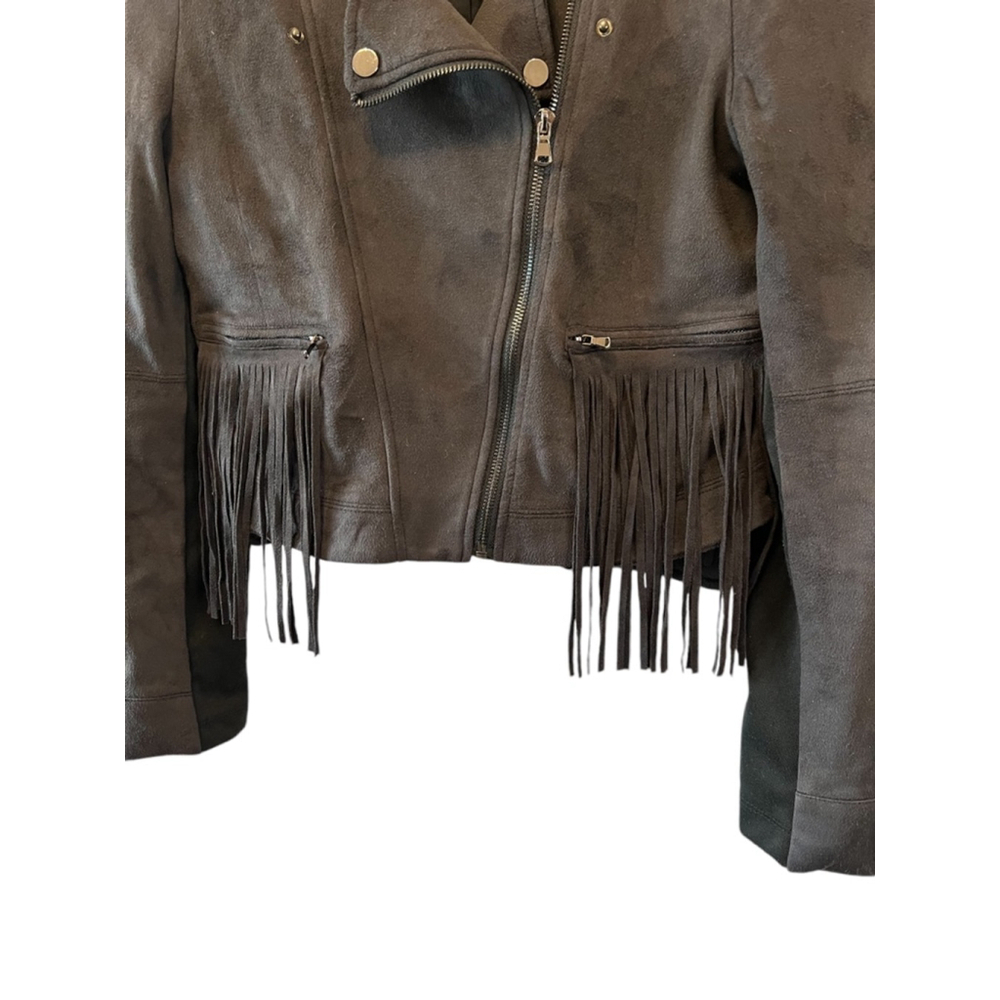 FATE Revolve Black Fringe Trim Faux Suede Asymmetrical Zip Lightweight Jacket S - Picture 3 of 10